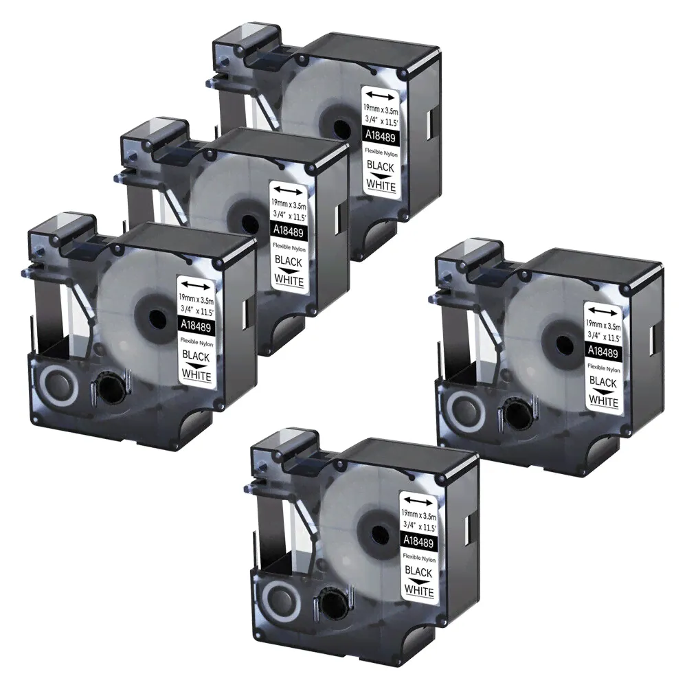 5PK For DYMO Rhino 4200 5200 3/4" Black on White Flexible Nylon Label Tape 18489
