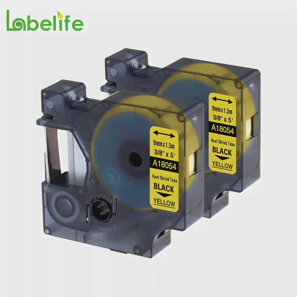 Labelife 2 упаковки 18054 Черный на желтом 9 мм Термоусадочная трубка для DYMO Rhino Industrial IND LabelWriter и принтера этикеток S0718290
