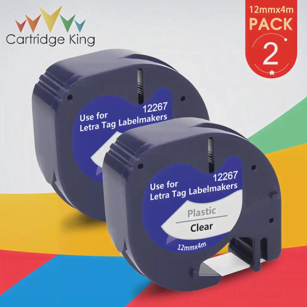 Лента для этикетирования 2PK 12 мм для Dymo LetraTag 12267 Черная на прозрачной этикетировочной ленте LT, Совместимая с принтером Dymo LetraTag LT-100H LT100H-0