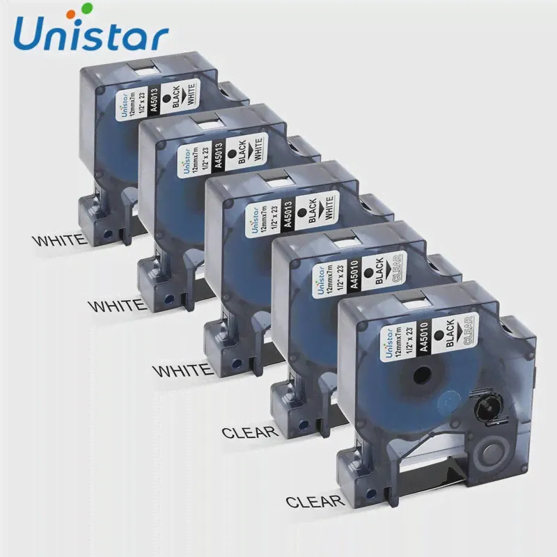 Этикеточная лента Unistar 45010 45013 4501S0720530 Совместима с DYMO LabelManager 160 Прозрачно-белая 1/2 Дюйма x 23 Фута 5 Картриджей-0